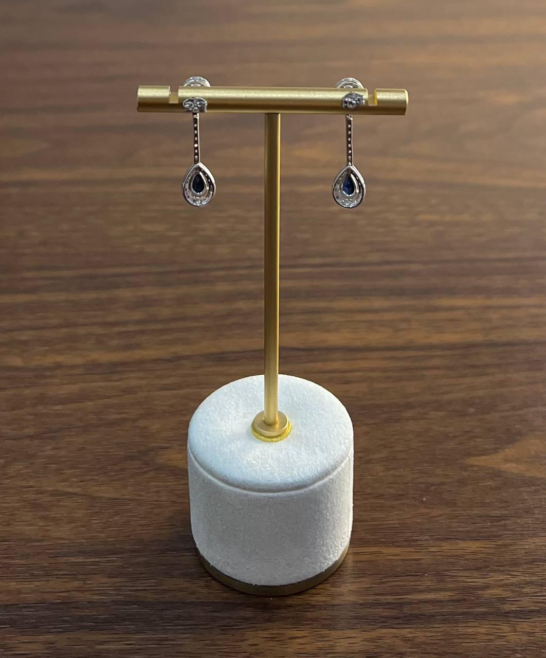 Pear Teardrop Shape Blue Sapphire Diamond Halo 14K White Gold Drop Earrings