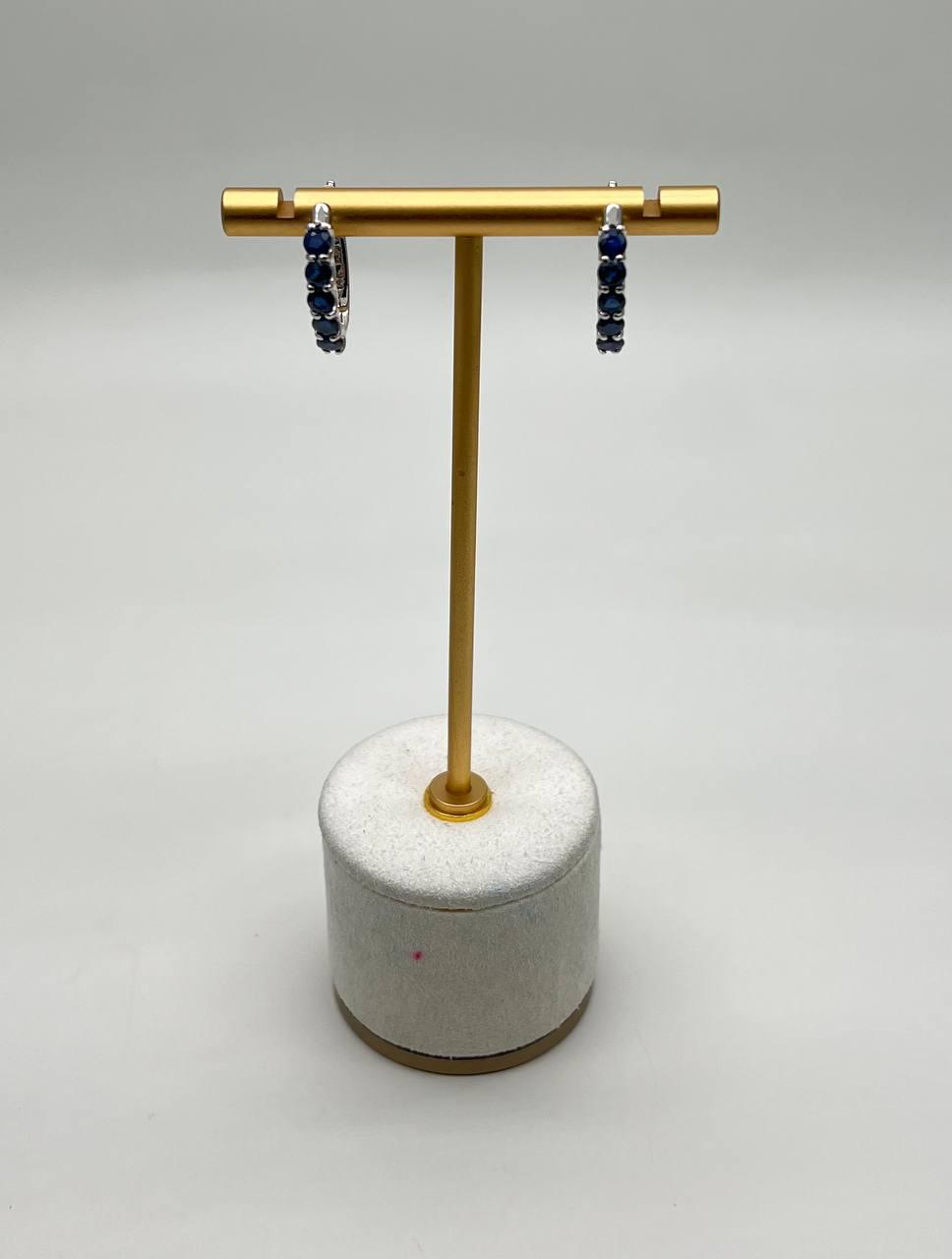 Blue Sapphire Medium Huggie Hoops 14K White Gold Statement Classic Earrings