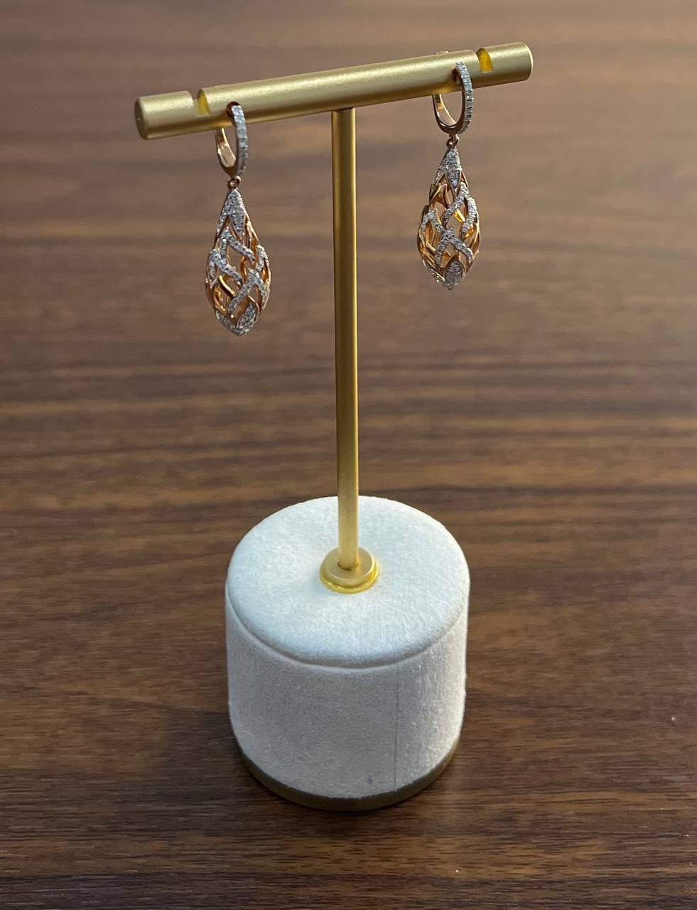 Elegant Diamond Pave Leaf Leaves Shell Motif 14K Rose Gold Dangle Earrings