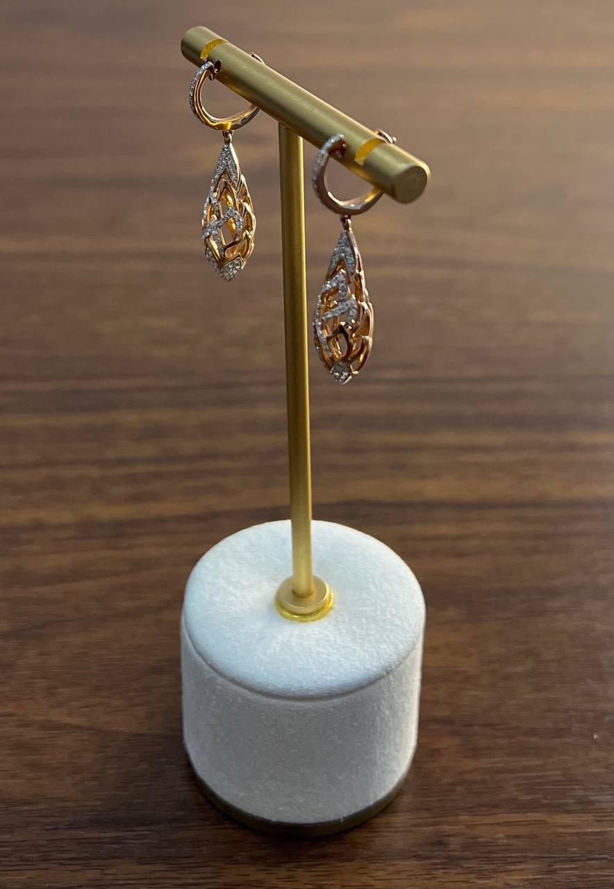 Elegant Diamond Pave Leaf Leaves Shell Motif 14K Rose Gold Dangle Earrings