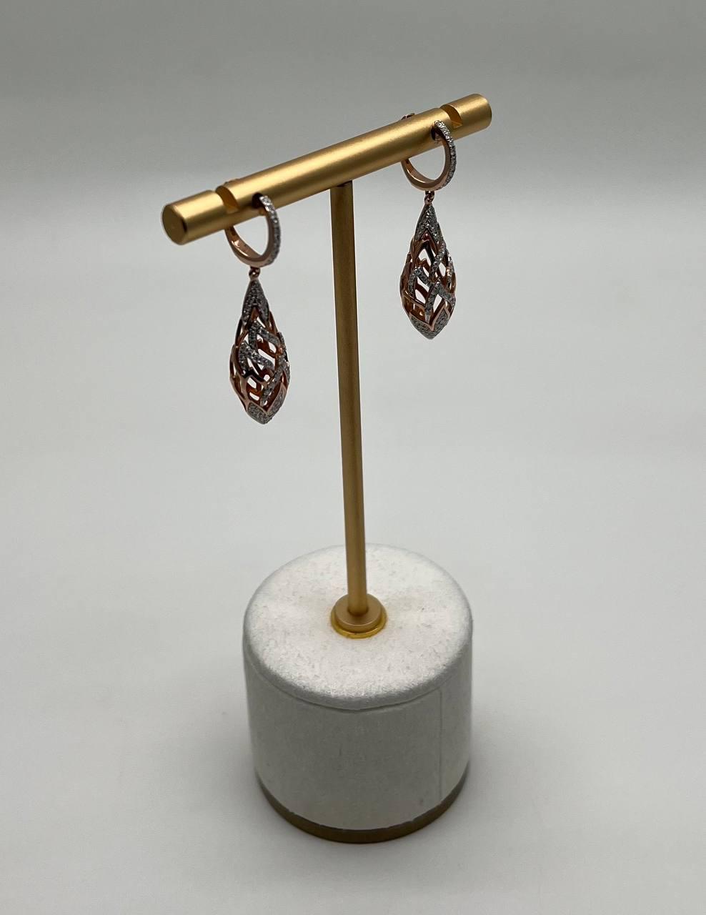 Elegant Diamond Pave Leaf Leaves Shell Motif 14K Rose Gold Dangle Earrings