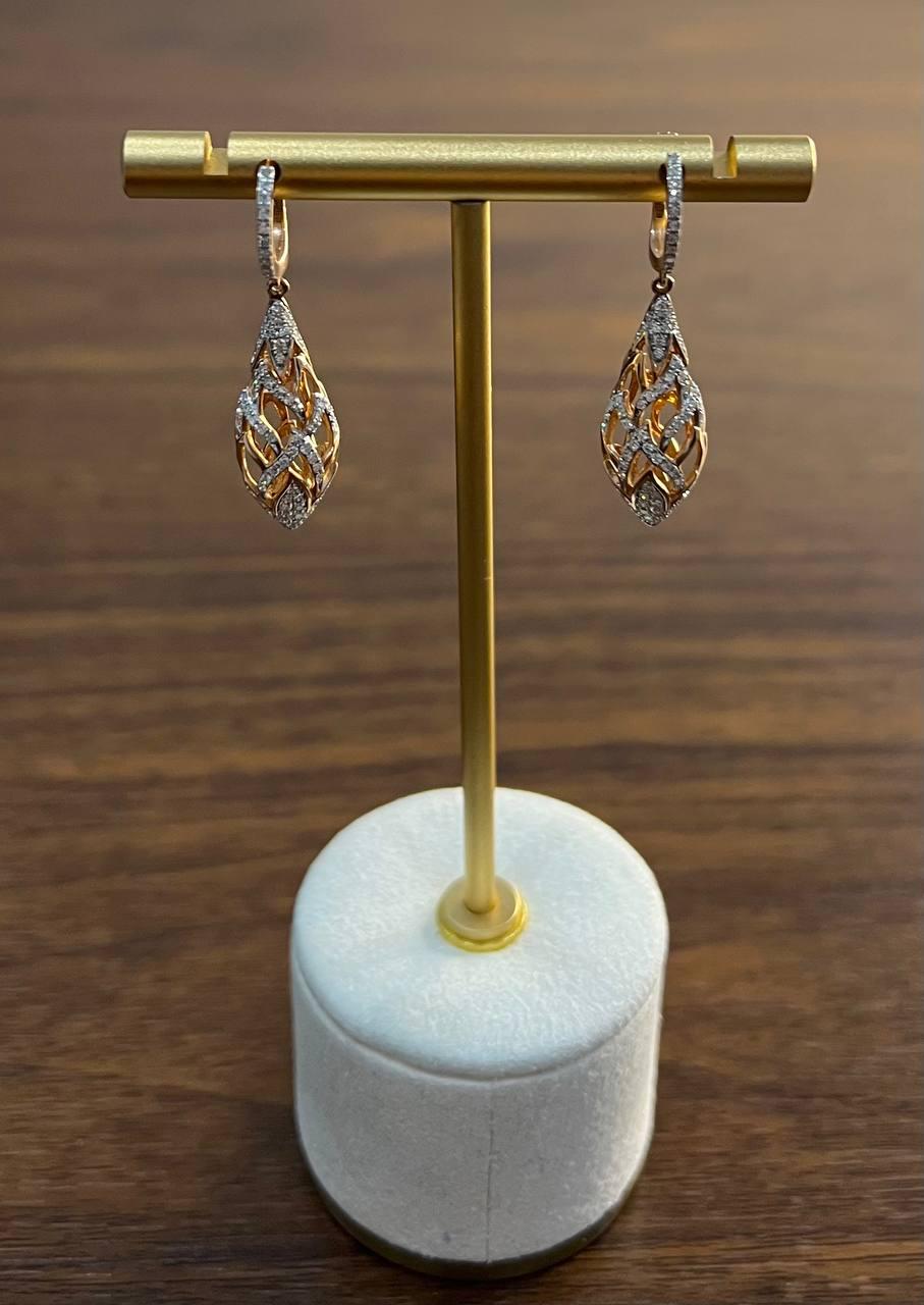 Elegant Diamond Pave Leaf Leaves Shell Motif 14K Rose Gold Dangle Earrings