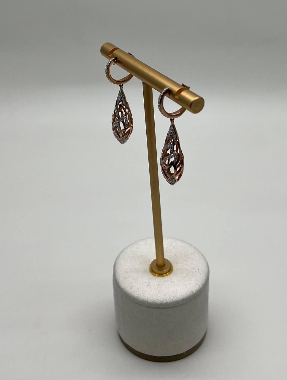 Elegant Diamond Pave Leaf Leaves Shell Motif 14K Rose Gold Dangle Earrings