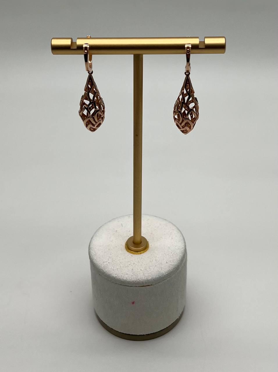 Elegant Diamond Pave Leaf Leaves Shell Motif 14K Rose Gold Dangle Earrings