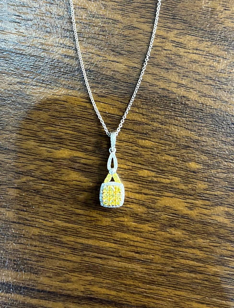 Yellow Diamond Pave Set 14K White Gold Statement Drop Pendant Chain Necklace
