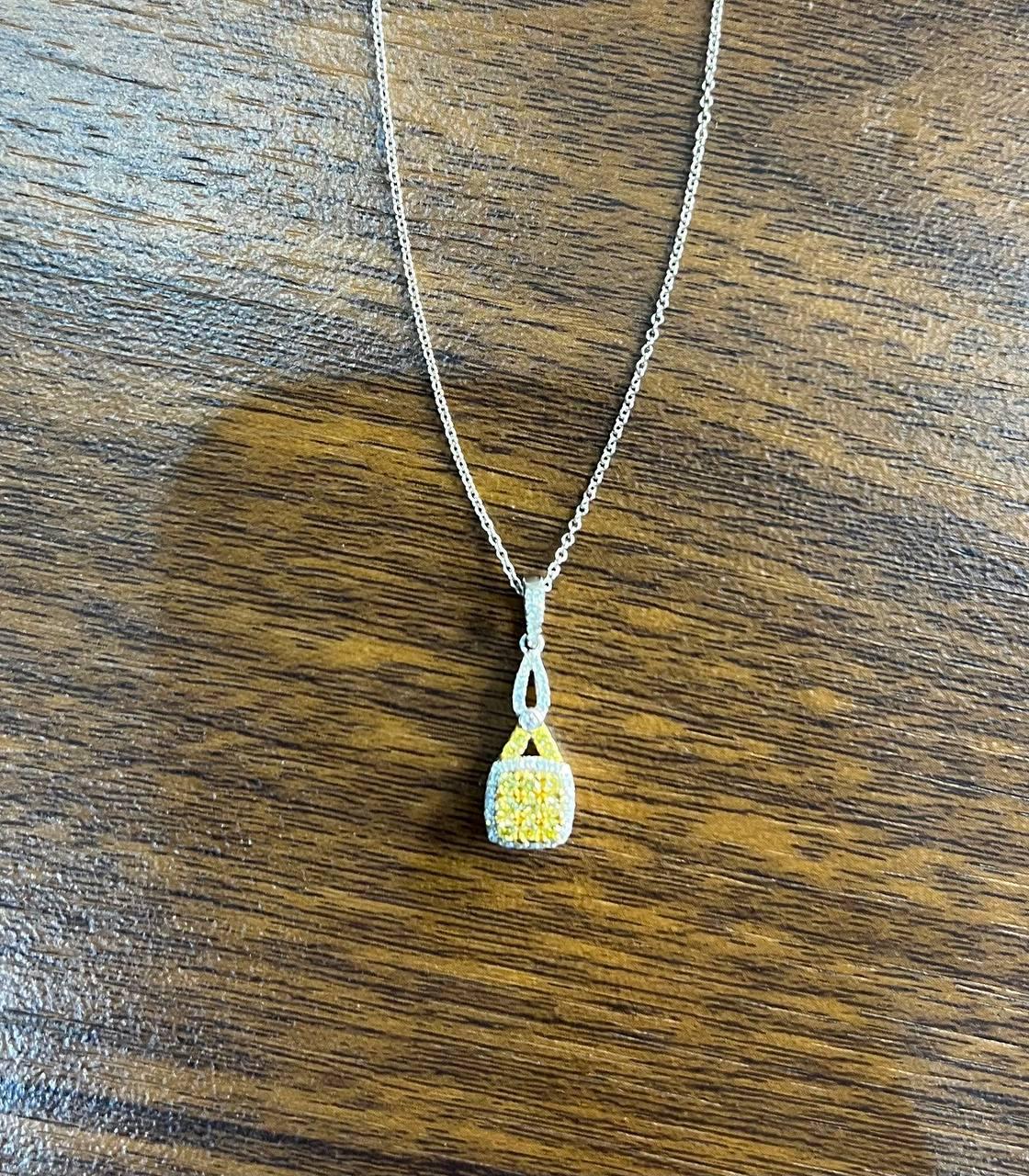 Yellow Diamond Pave Set 14K White Gold Statement Drop Pendant Chain Necklace