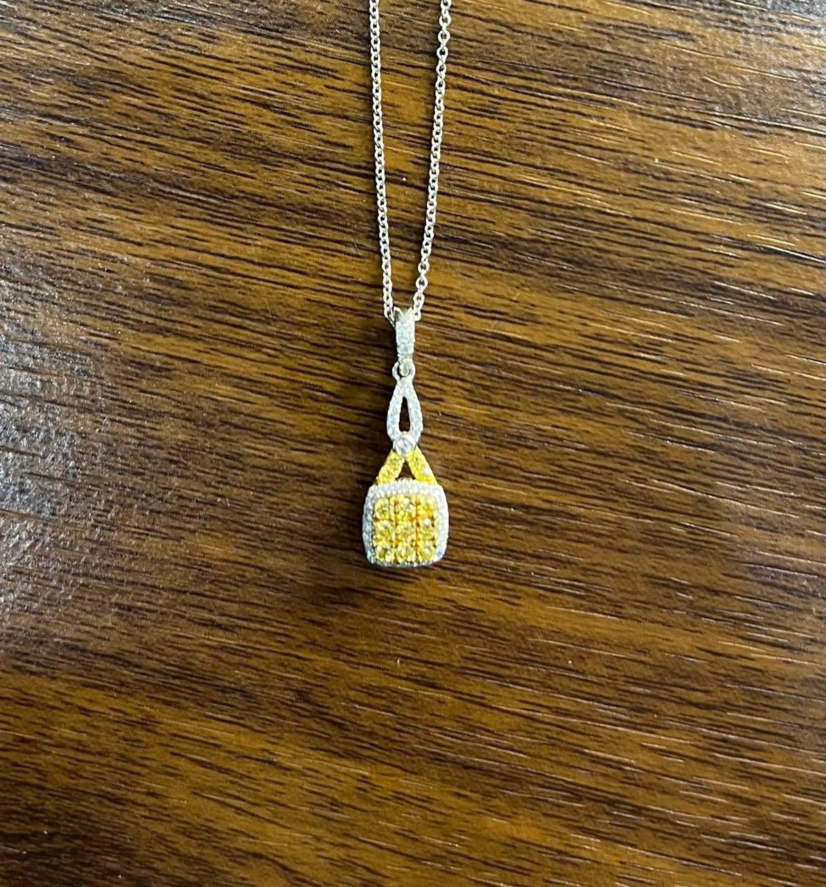 Yellow Diamond Pave Set 14K White Gold Statement Drop Pendant Chain Necklace