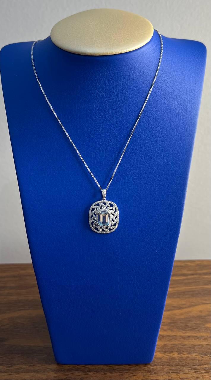 Blue Aquamarine Leaf Leaves Wreath Diamond Halo 14K White Gold Pendant Necklace