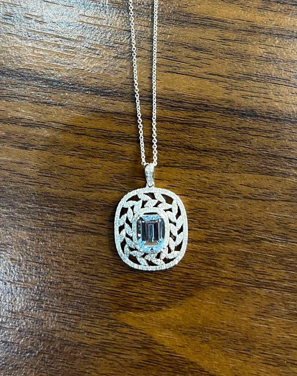 Blue Aquamarine Leaf Leaves Wreath Diamond Halo 14K White Gold Pendant Necklace