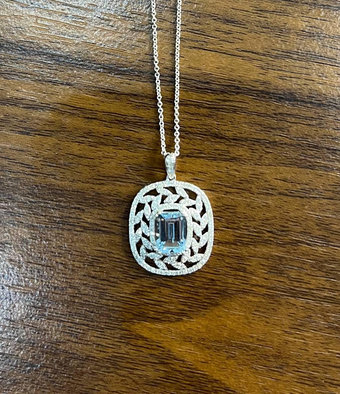 Blue Aquamarine Leaf Leaves Wreath Diamond Halo 14K White Gold Pendant Necklace