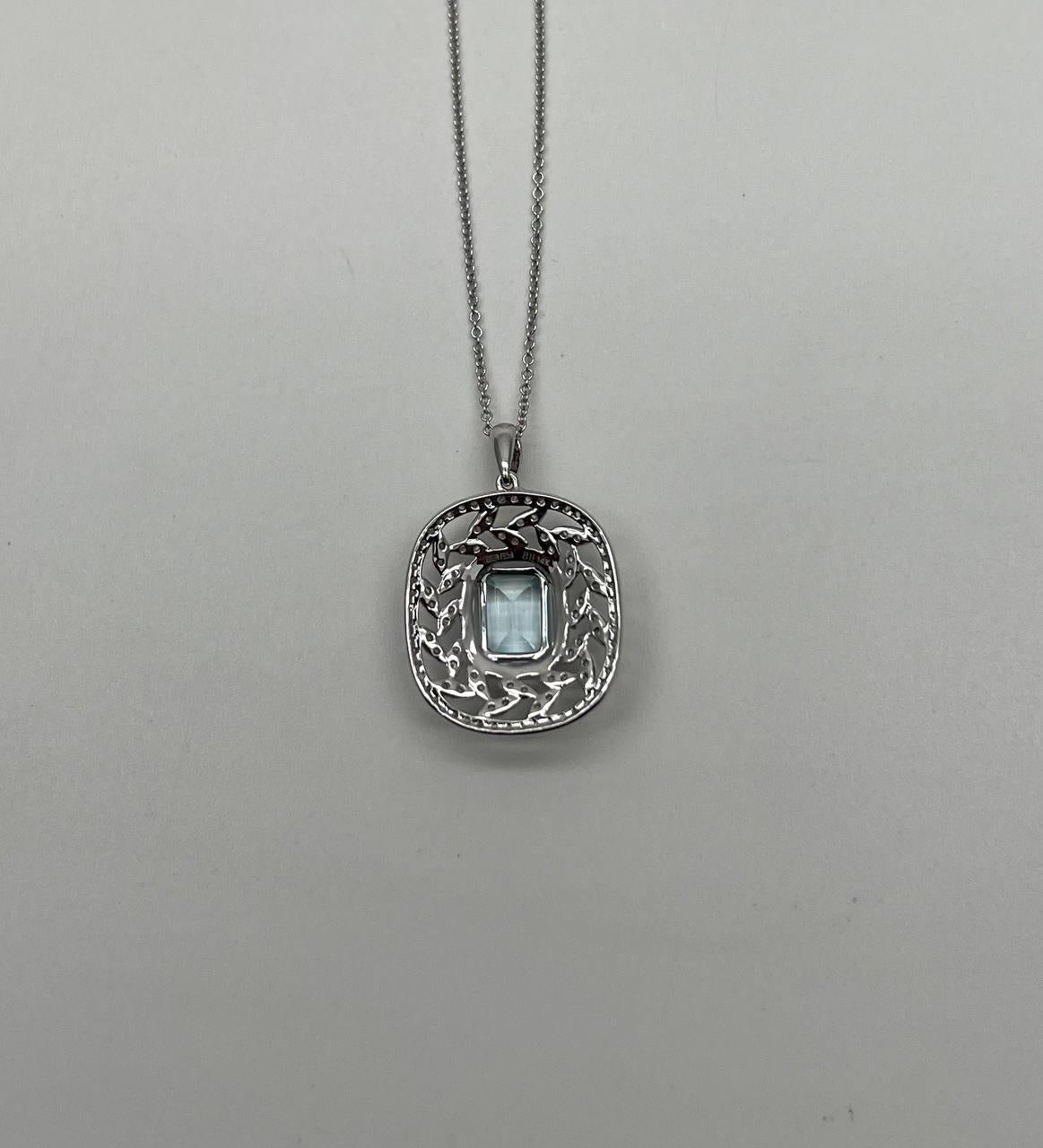 Blue Aquamarine Leaf Leaves Wreath Diamond Halo 14K White Gold Pendant Necklace