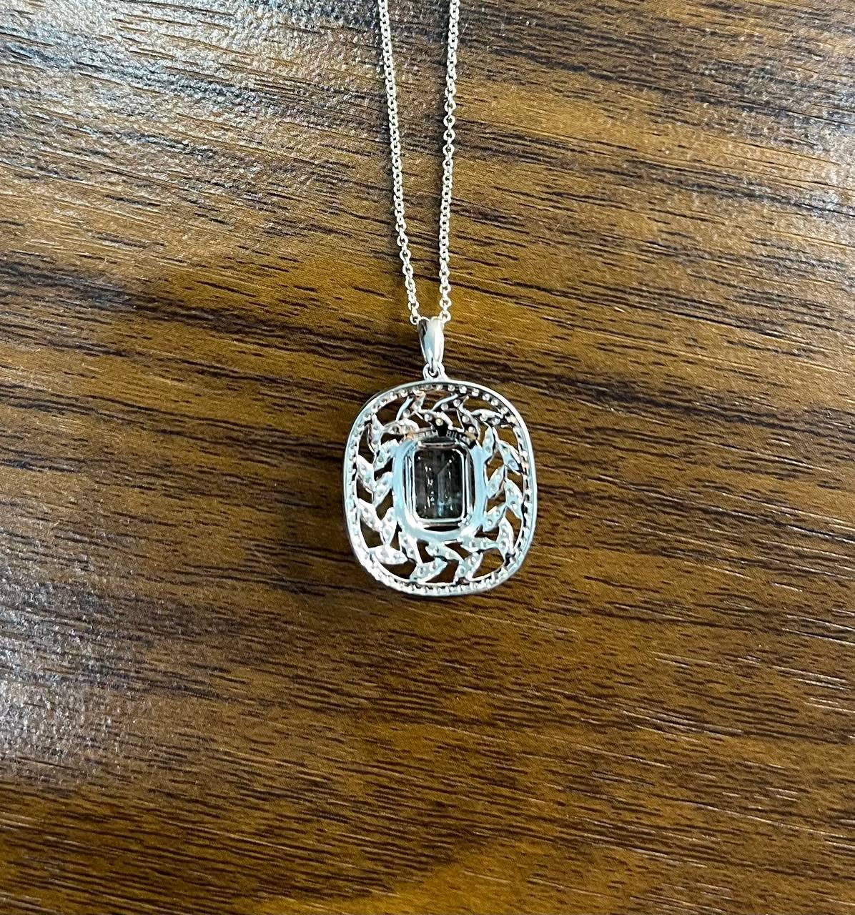 Blue Aquamarine Leaf Leaves Wreath Diamond Halo 14K White Gold Pendant Necklace