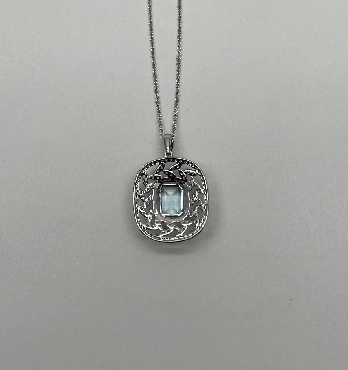 Blue Aquamarine Leaf Leaves Wreath Diamond Halo 14K White Gold Pendant Necklace
