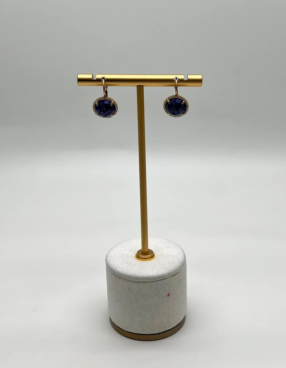 Small Round Blue Lapis Lazuli Diamonds Halo 14K Yellow Gold Statement Earrings