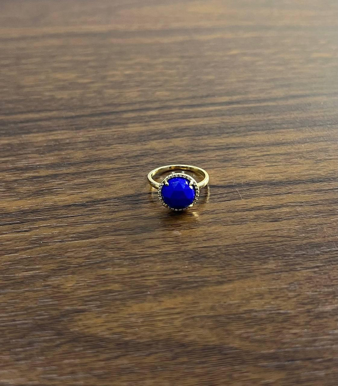 Small Round Blue Lapis Lazuli Diamonds Halo 14K Yellow Gold Statement Ring