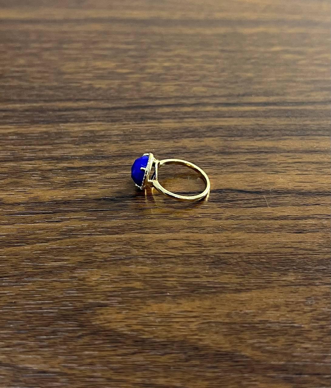 Small Round Blue Lapis Lazuli Diamonds Halo 14K Yellow Gold Statement Ring