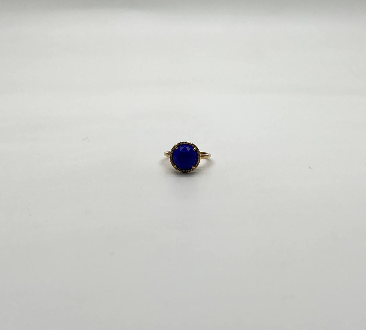 Small Round Blue Lapis Lazuli Diamonds Halo 14K Yellow Gold Statement Ring