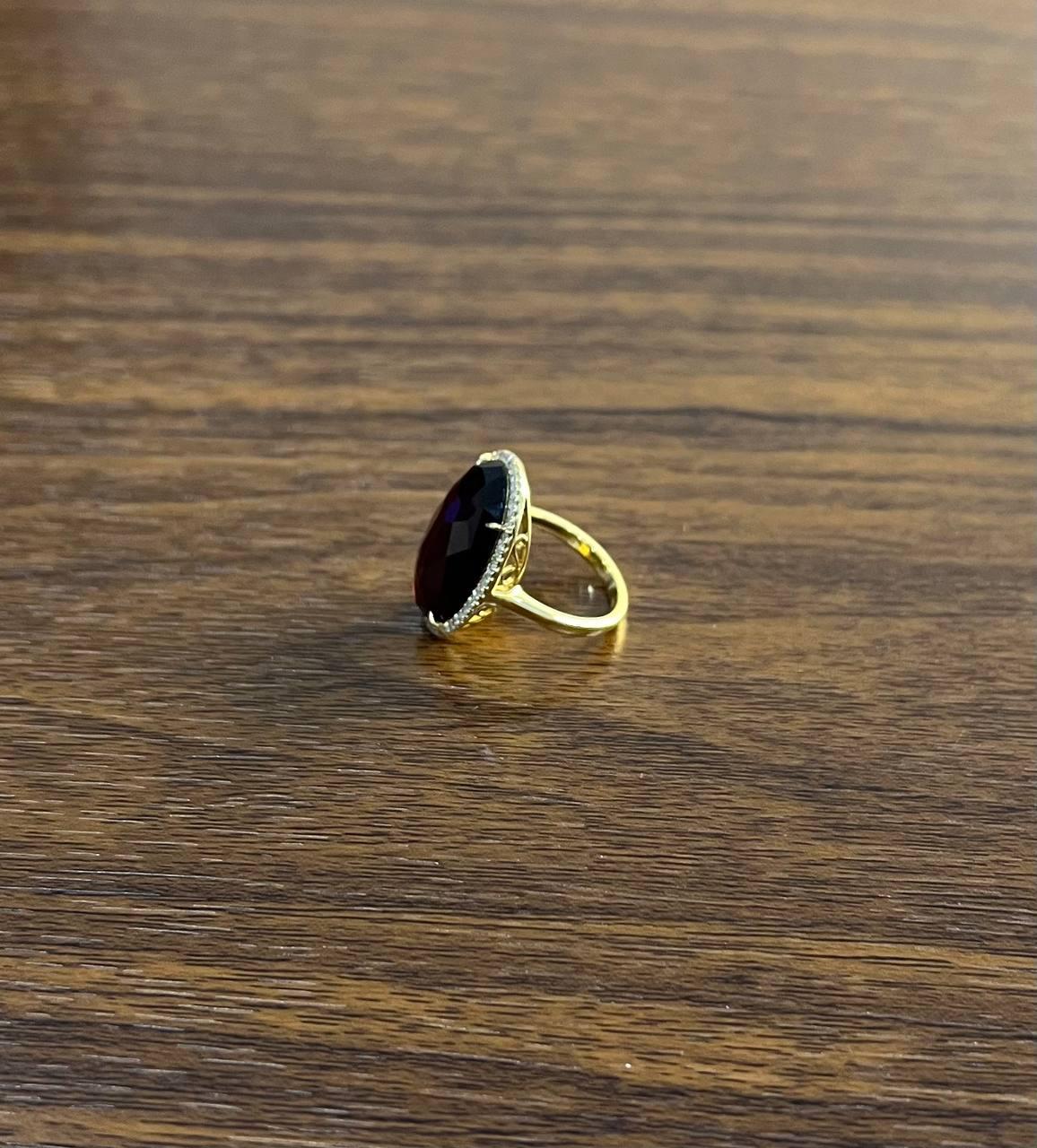 Oval Red Garnet Faceted Cabochon White Diamonds Halo 14K Gold Statement Ring