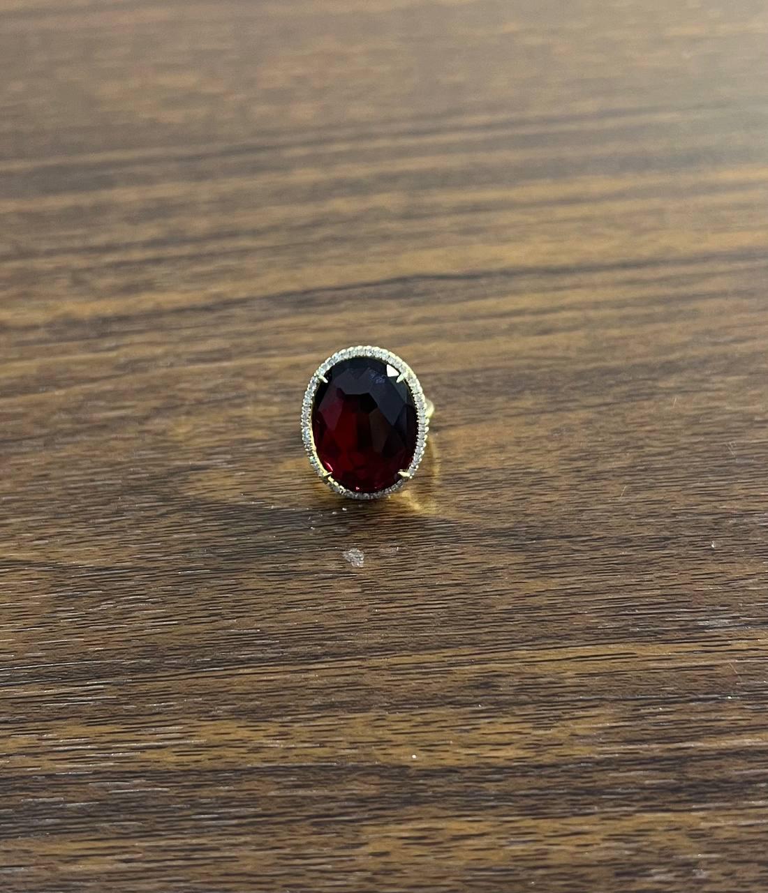 Oval Red Garnet Faceted Cabochon White Diamonds Halo 14K Gold Statement Ring
