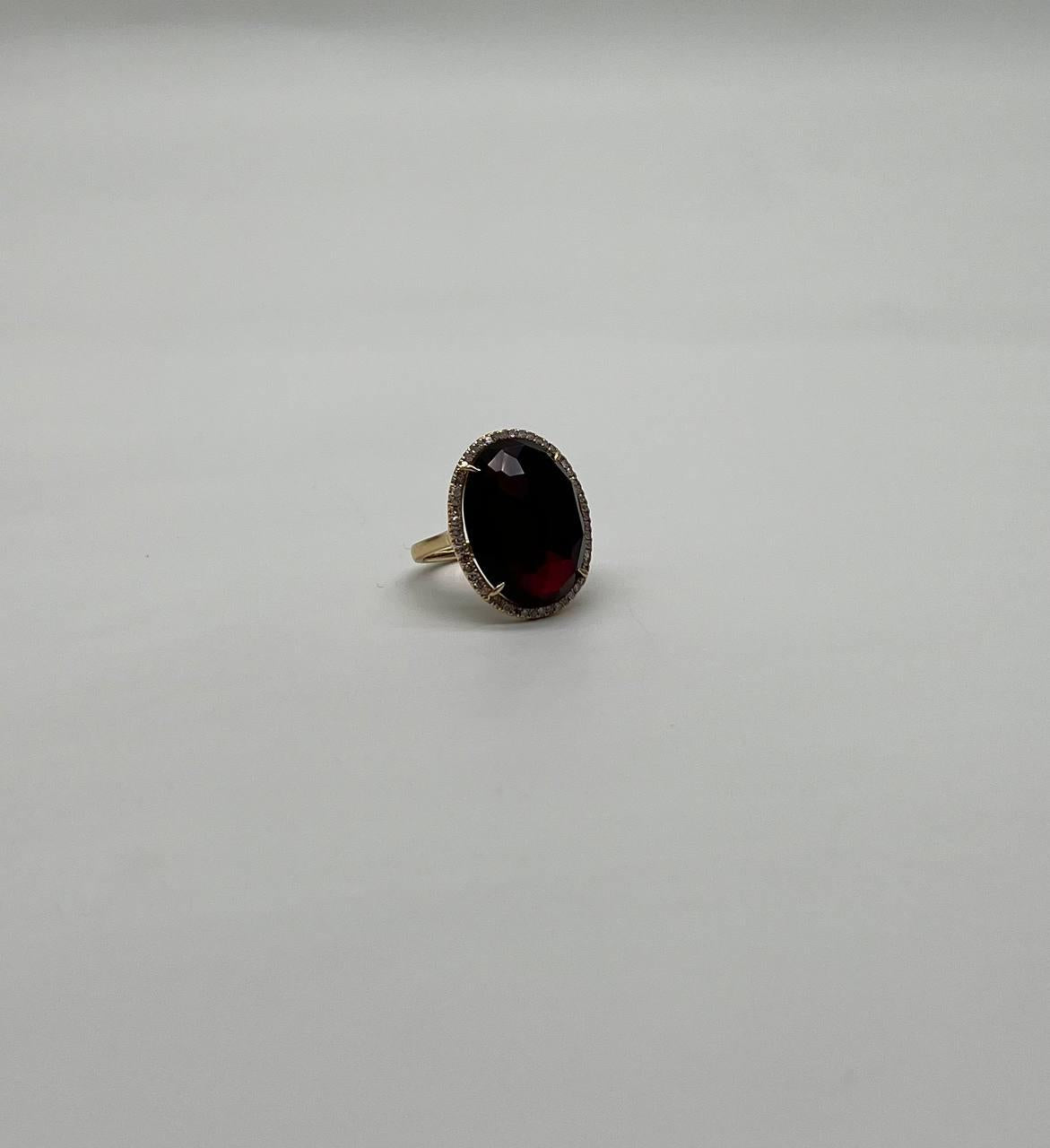 Oval Red Garnet Faceted Cabochon White Diamonds Halo 14K Gold Statement Ring