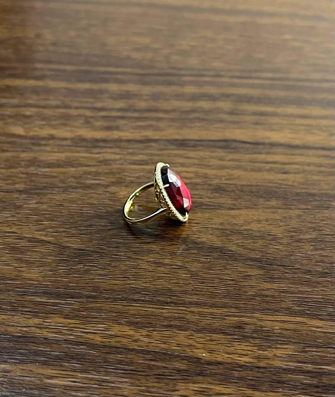 Oval Red Garnet Faceted Cabochon White Diamonds Halo 14K Gold Statement Ring