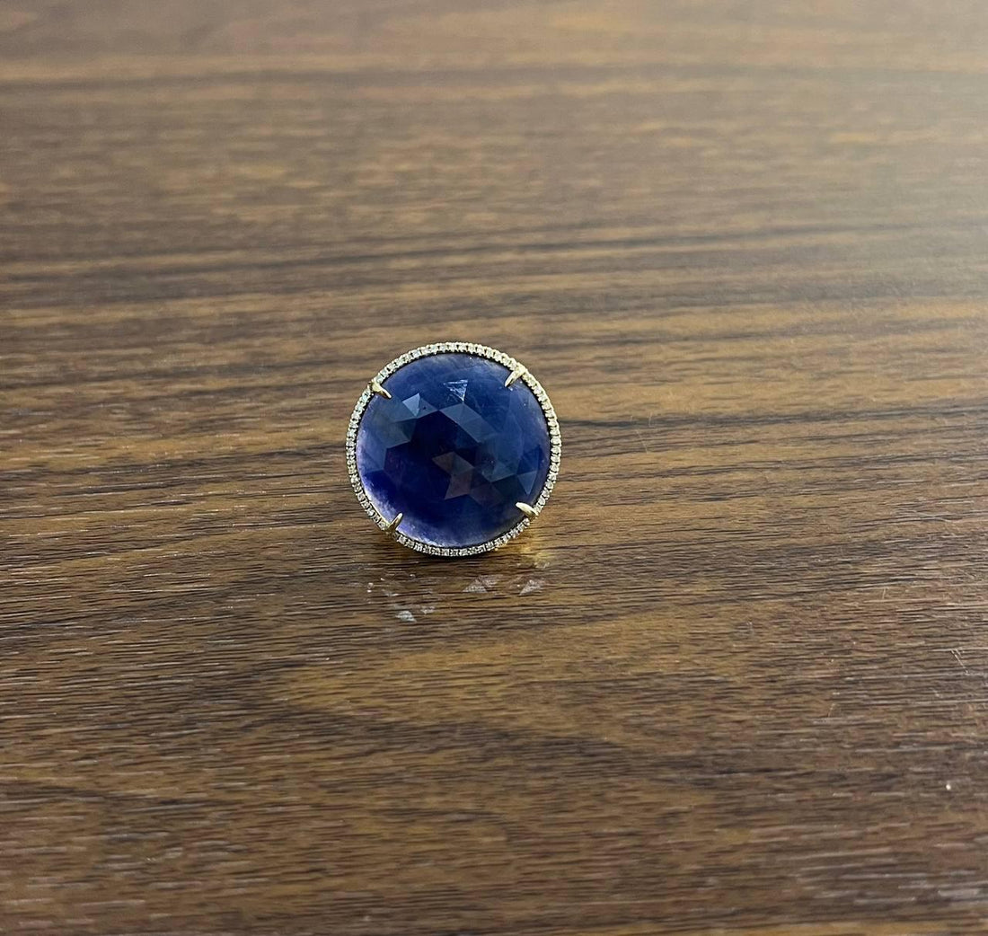 Round Shape Blue Sapphire Faceted Cabochon Slice 14K Gold Diamond Halo Ring