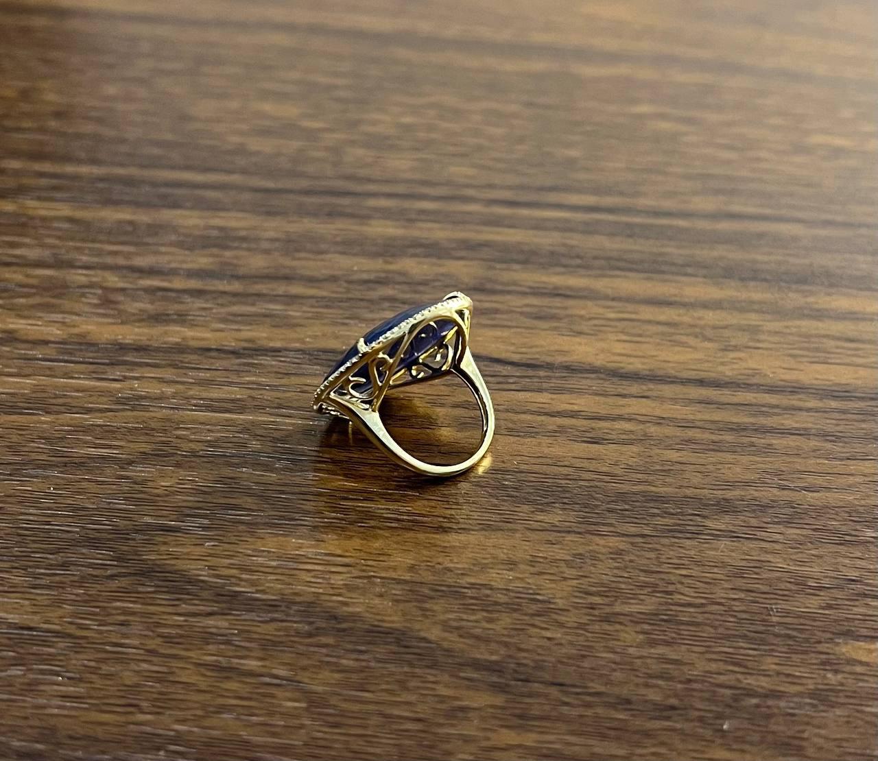 Round Shape Faceted Blue Sapphire Cabochon Diamond Halo 14K Yellow Gold Ring