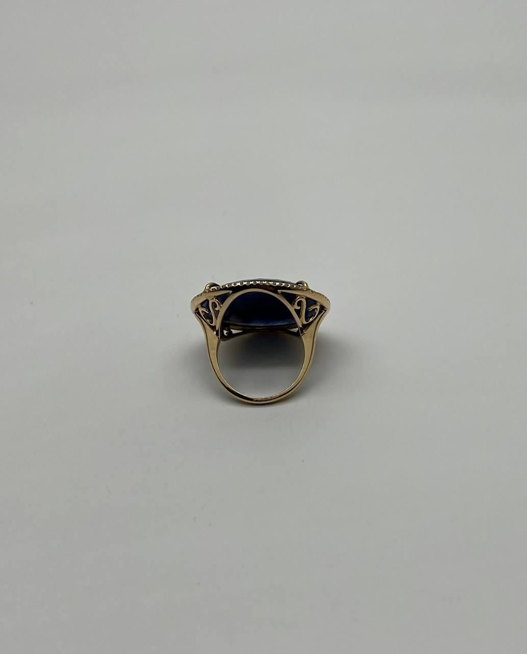 Round Shape Blue Sapphire Faceted Cabochon Slice 14K Gold Diamond Halo Ring