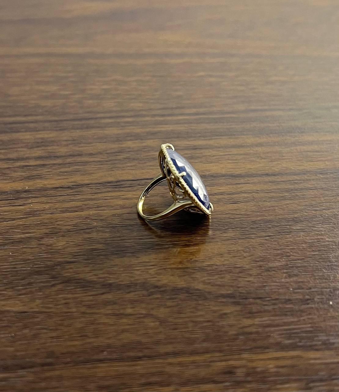 Round Shape Faceted Blue Sapphire Cabochon Diamond Halo 14K Yellow Gold Ring