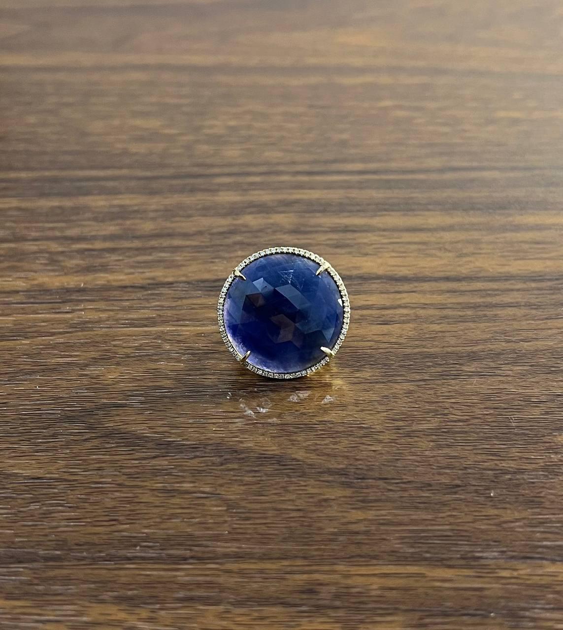 Round Shape Faceted Blue Sapphire Cabochon Diamond Halo 14K Yellow Gold Ring