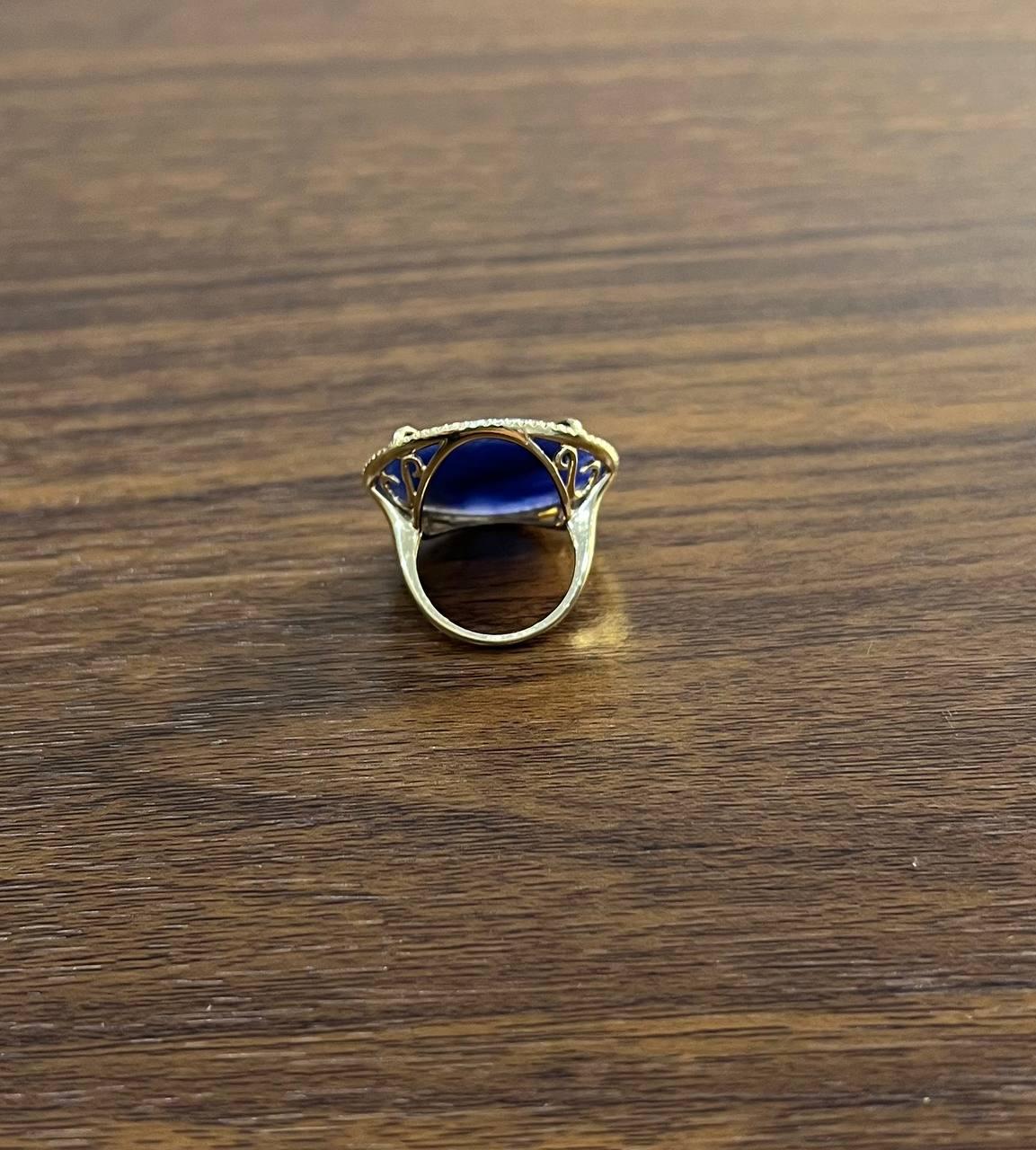 Round Shape Faceted Blue Sapphire Cabochon Diamond Halo 14K Yellow Gold Ring