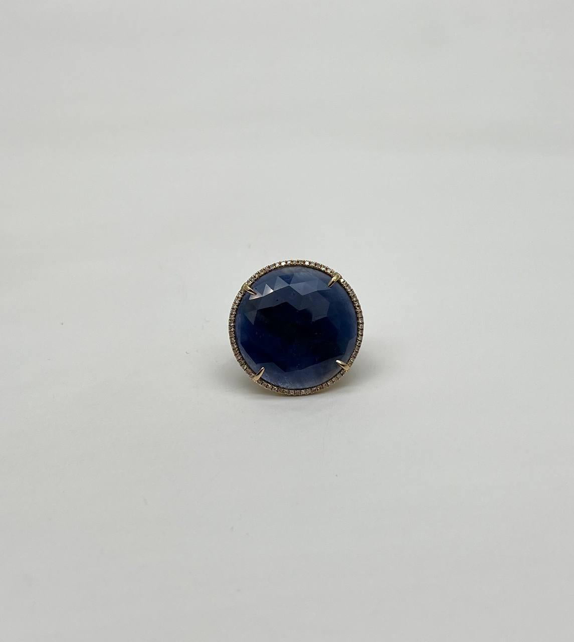 Round Shape Faceted Blue Sapphire Cabochon Diamond Halo 14K Yellow Gold Ring