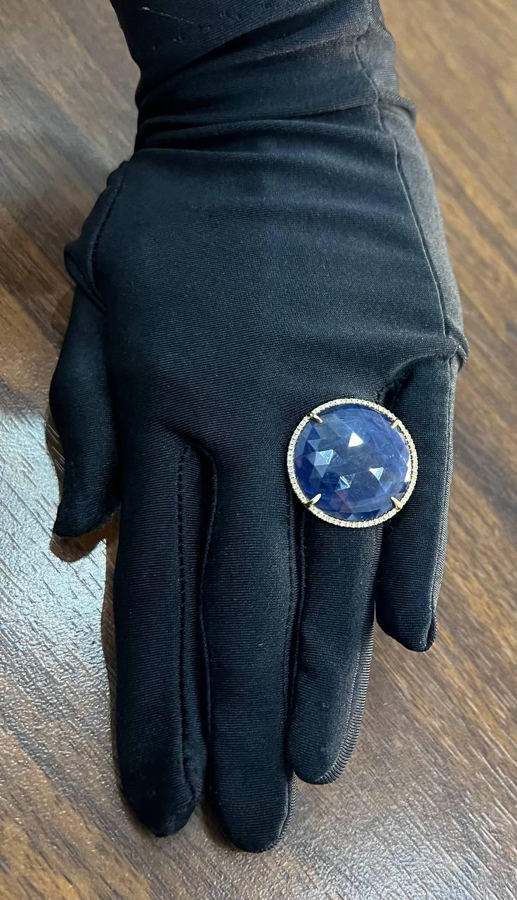 Round Shape Faceted Blue Sapphire Cabochon Diamond Halo 14K Yellow Gold Ring