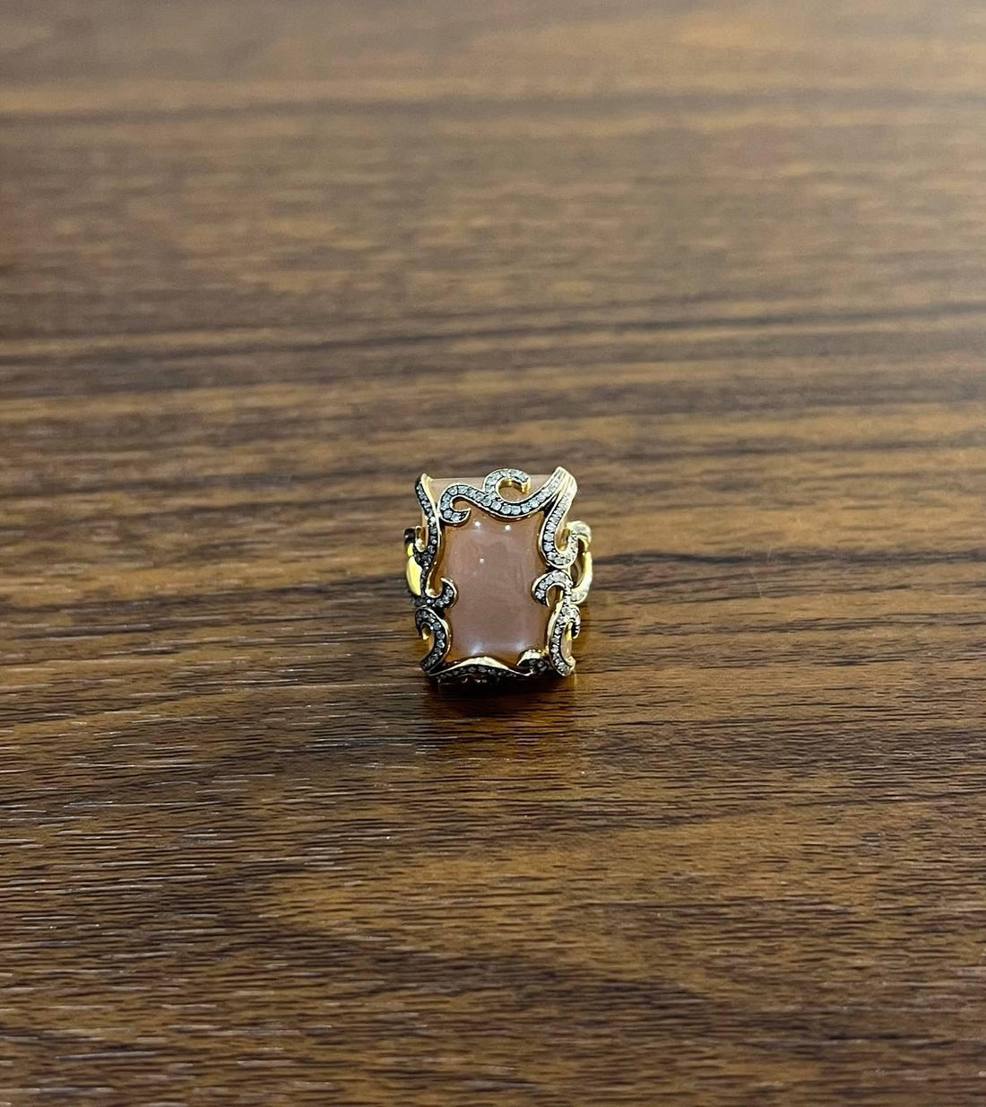 Peach Pink Moonstone Diamonds Halo Scroll 14K Yellow Gold Statement Ring