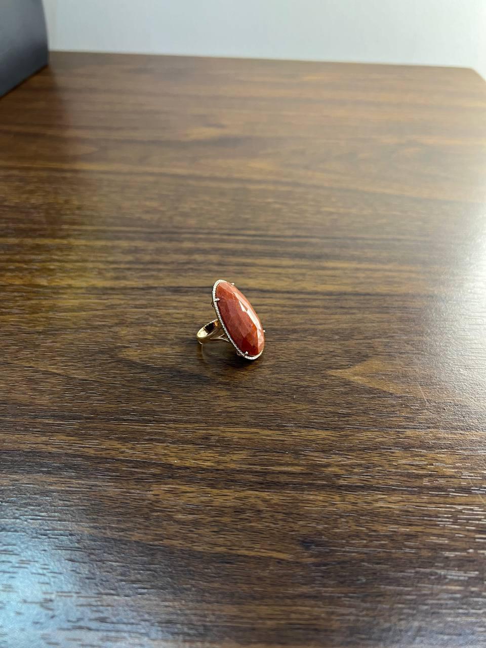 Large Faceted Cabochon Red Jasper 14K Yellow Gold Statement Diamonds Halo Ring