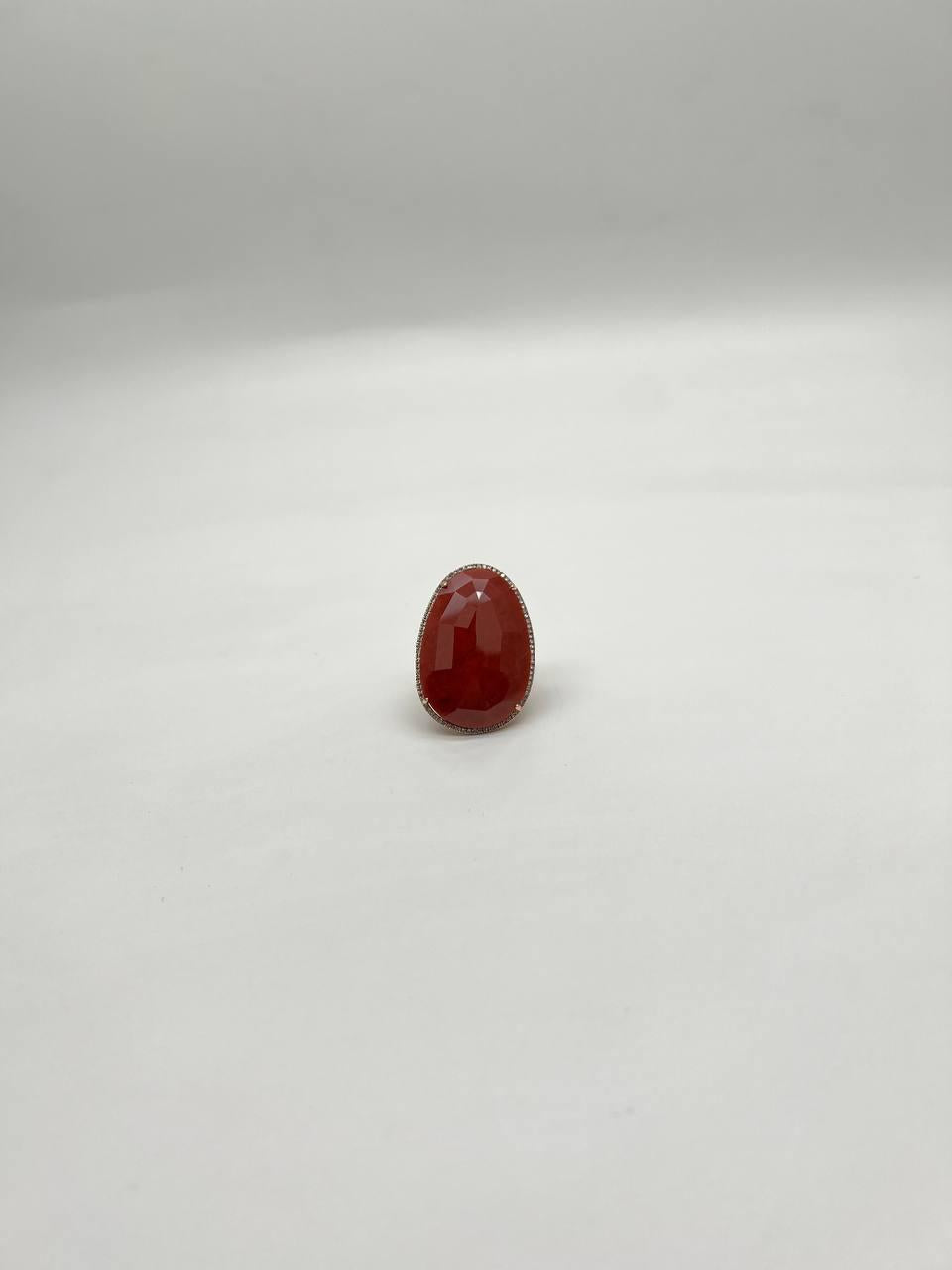Large Faceted Cabochon Red Jasper 14K Yellow Gold Statement Diamonds Halo Ring