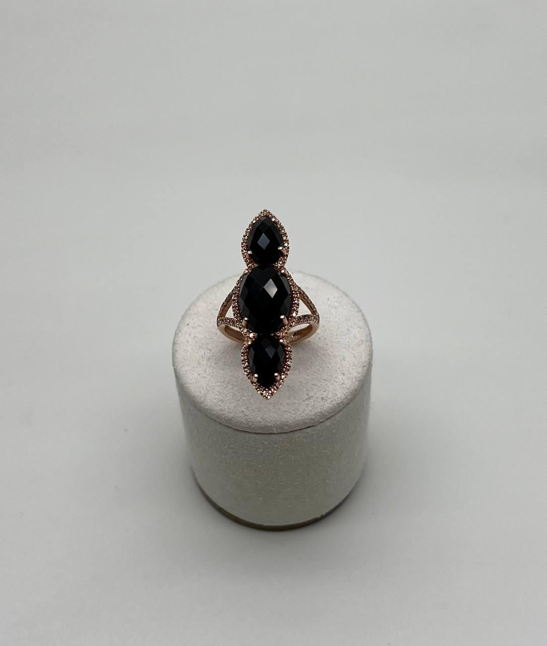 Black Onyx Faceted Diamonds Halo Statement 14K Gold Statement Ring