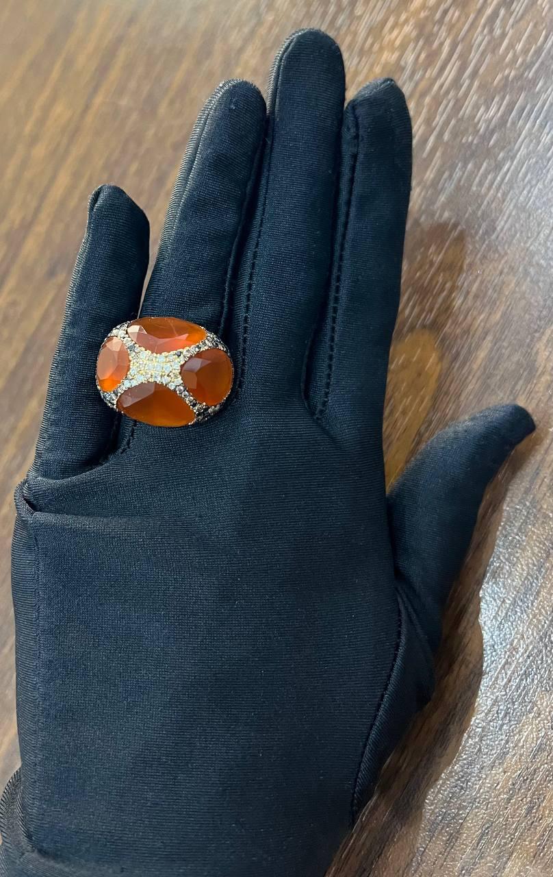 Free Shape Faceted Orange Carnelian Diamond Pave 14K Gold Statement Ring