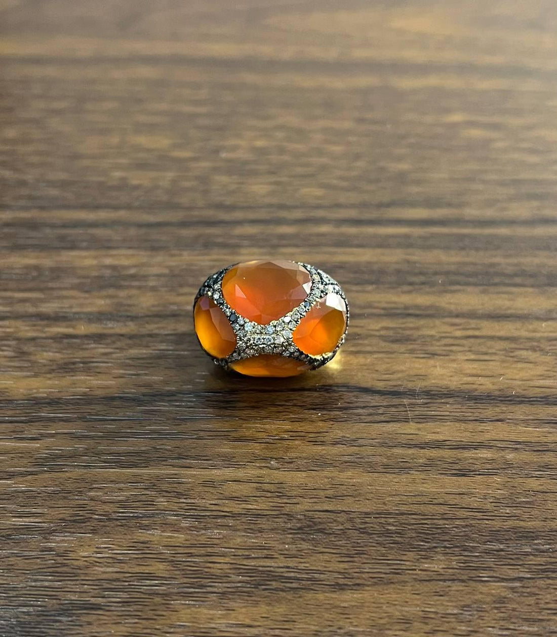 Free Shape Faceted Orange Carnelian Diamond Pave 14K Gold Statement Ring