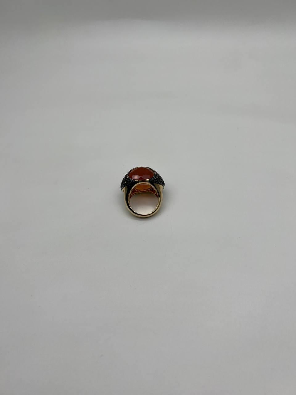 Free Shape Faceted Orange Carnelian Diamond Pave 14K Gold Statement Ring