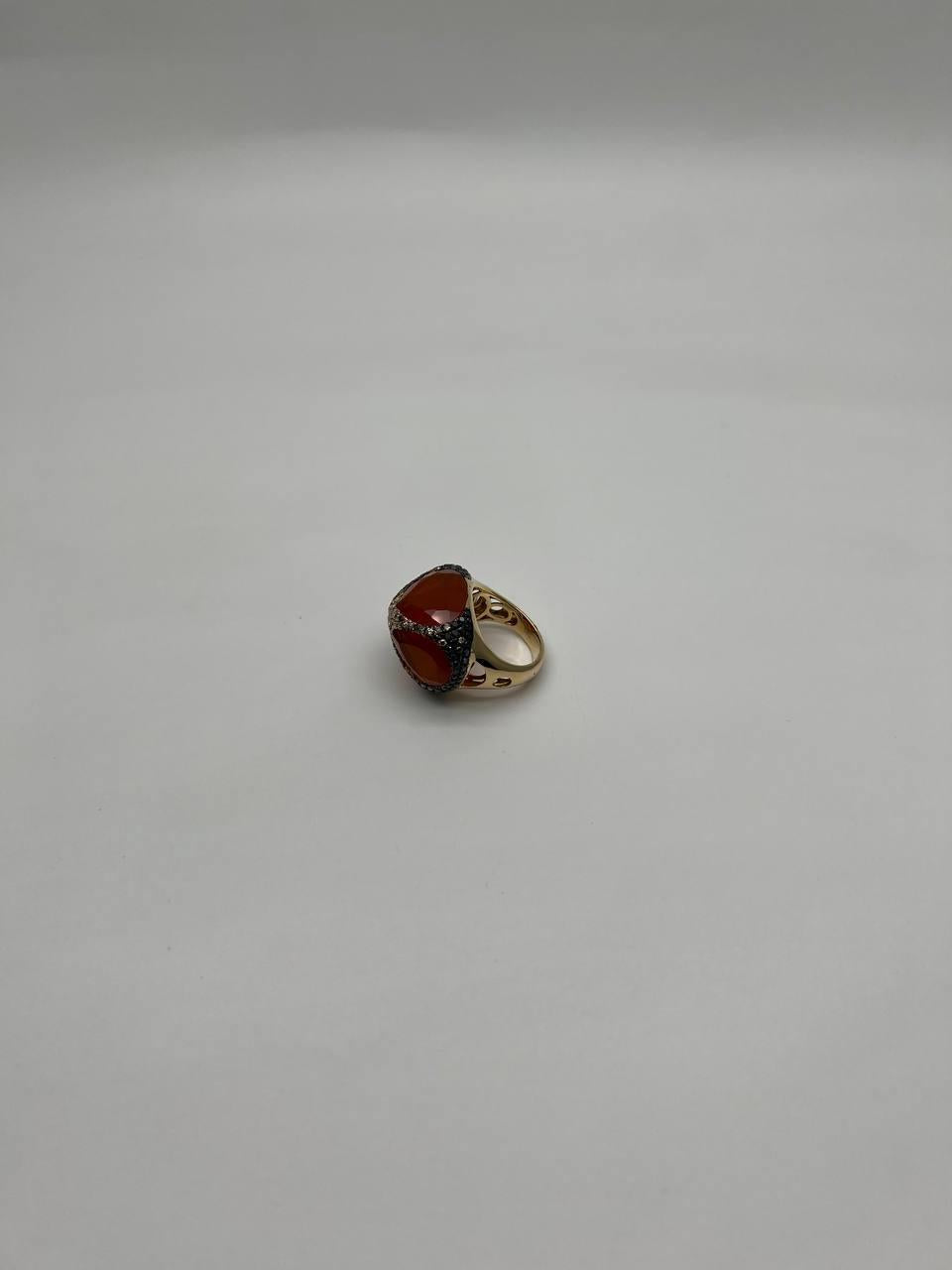 Free Shape Faceted Orange Carnelian Diamond Pave 14K Gold Statement Ring