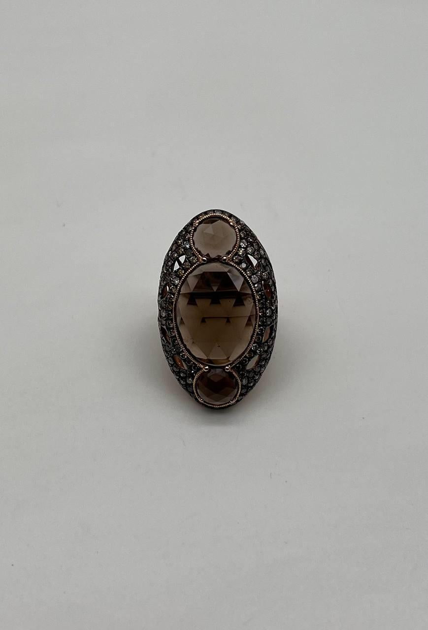 Unique Faceted Smoky Quartz Brown Diamonds Pave Set 14K Gold Statement Ring