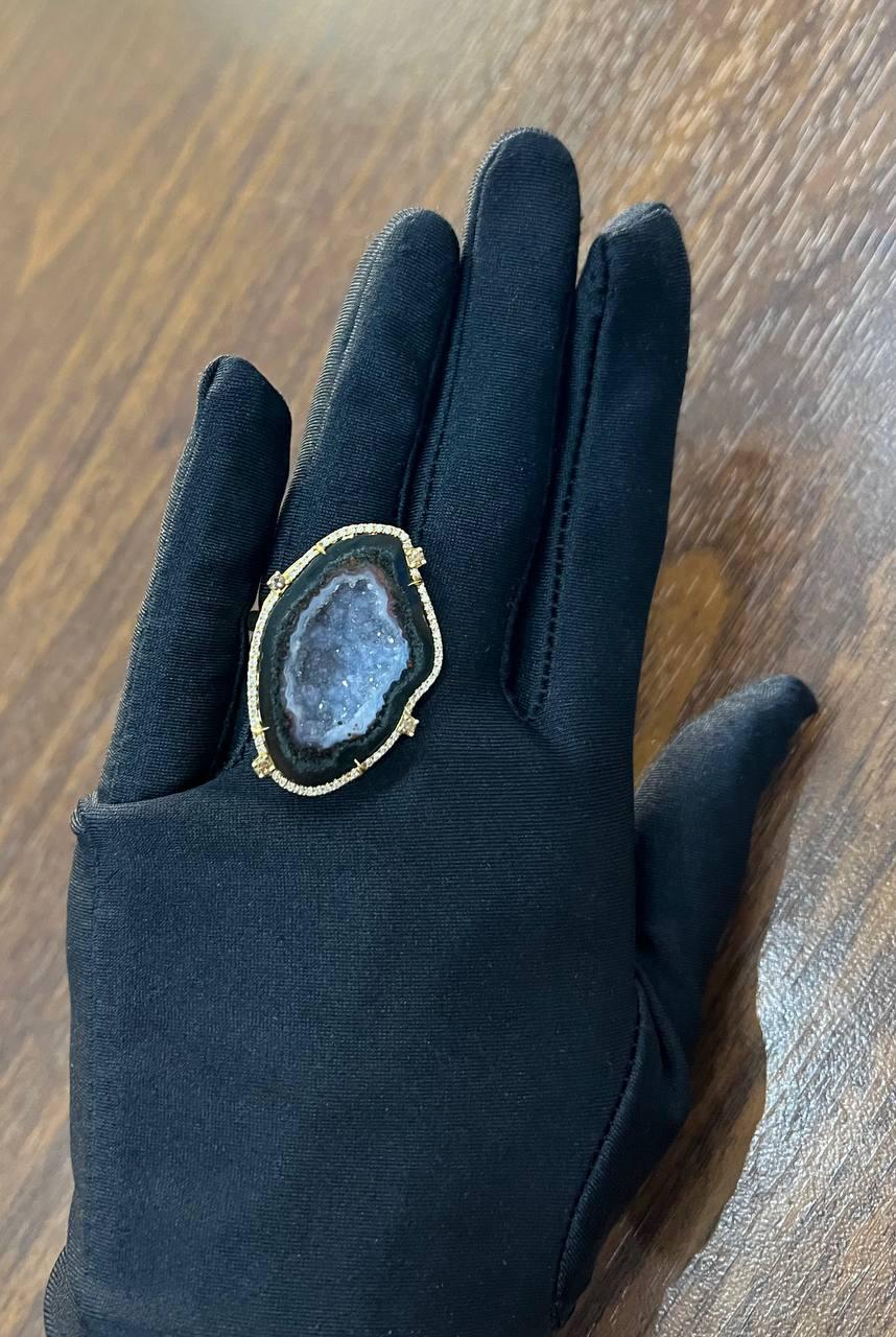 Free Shape Black Blue Crystal Quartz Druzi Diamonds Halo 18K Yellow Gold Ring