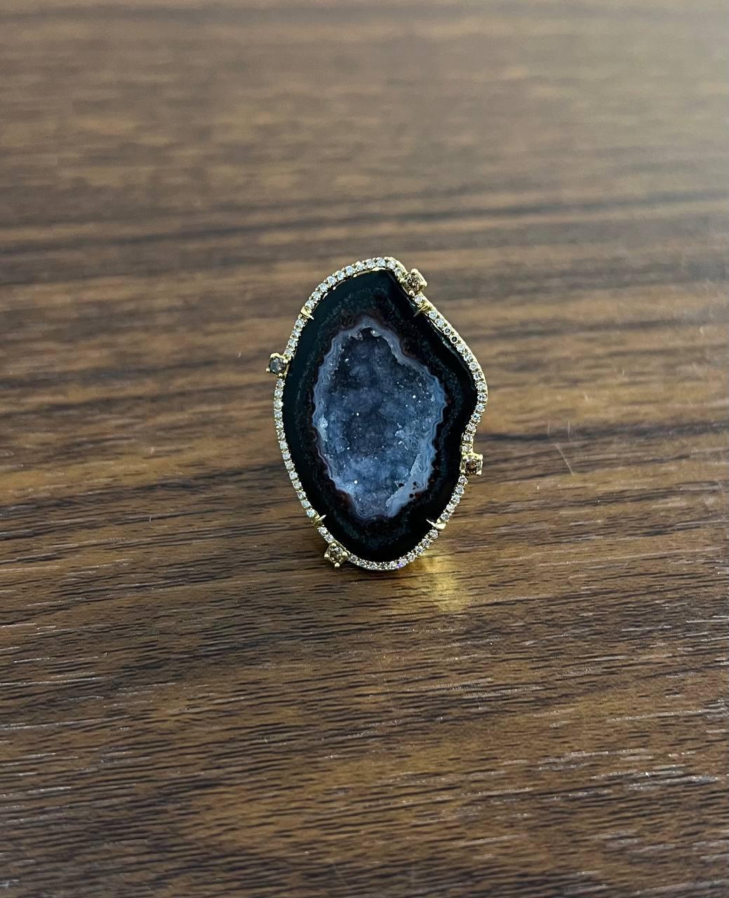 Free Shape Black Blue Crystal Quartz Druzi Diamonds Halo 18K Yellow Gold Ring