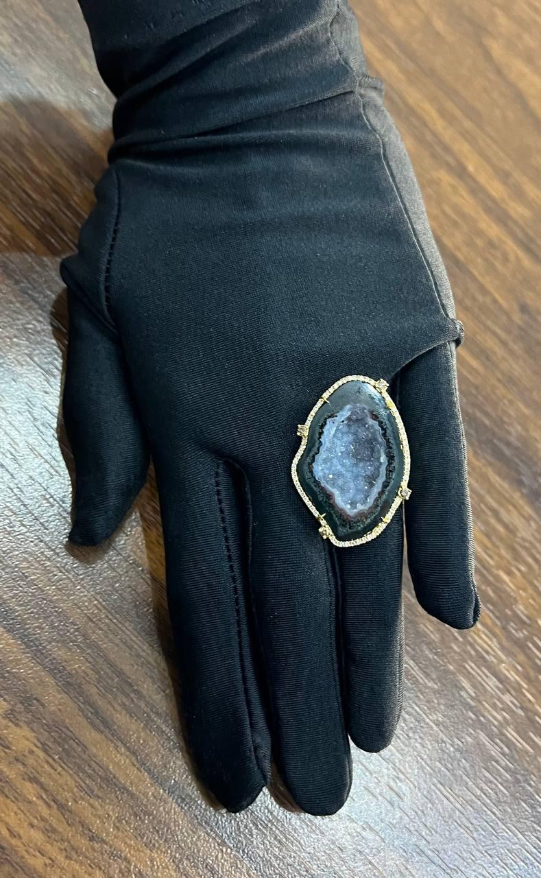 Free Shape Black Blue Crystal Quartz Druzi Diamonds Halo 18K Yellow Gold Ring