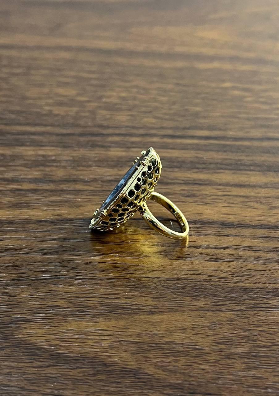 Free Shape Black Blue Crystal Quartz Druzi Diamonds Halo 18K Yellow Gold Ring