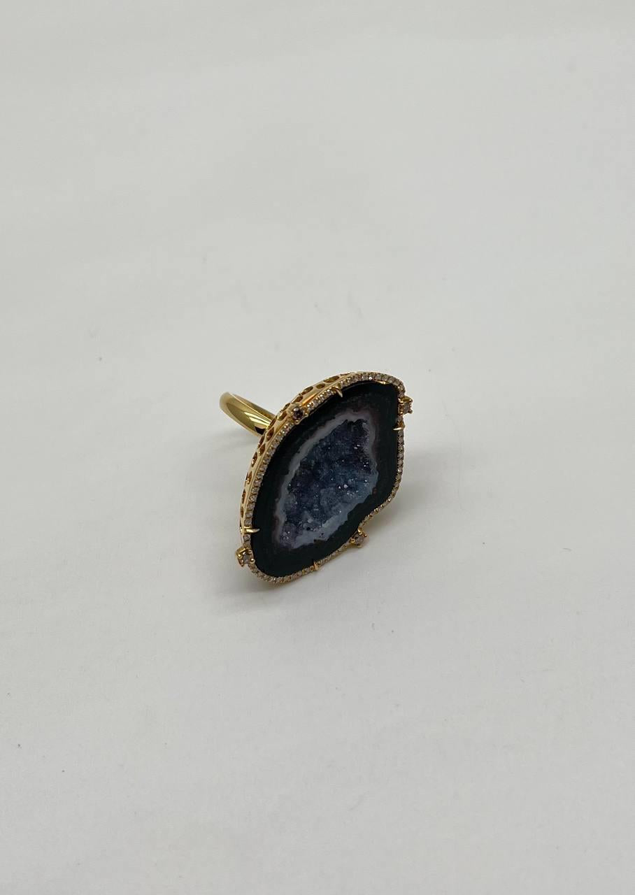 Free Shape Black Blue Crystal Quartz Druzi Diamonds Halo 18K Yellow Gold Ring