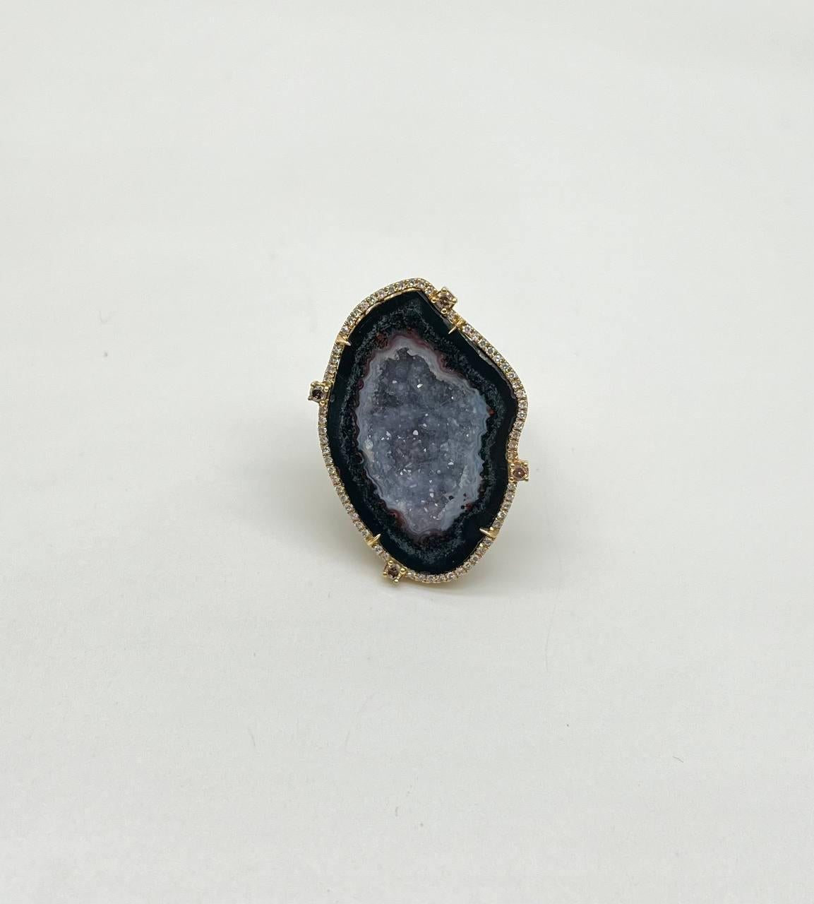 Free Shape Black Blue Crystal Quartz Druzi Diamonds Halo 18K Yellow Gold Ring