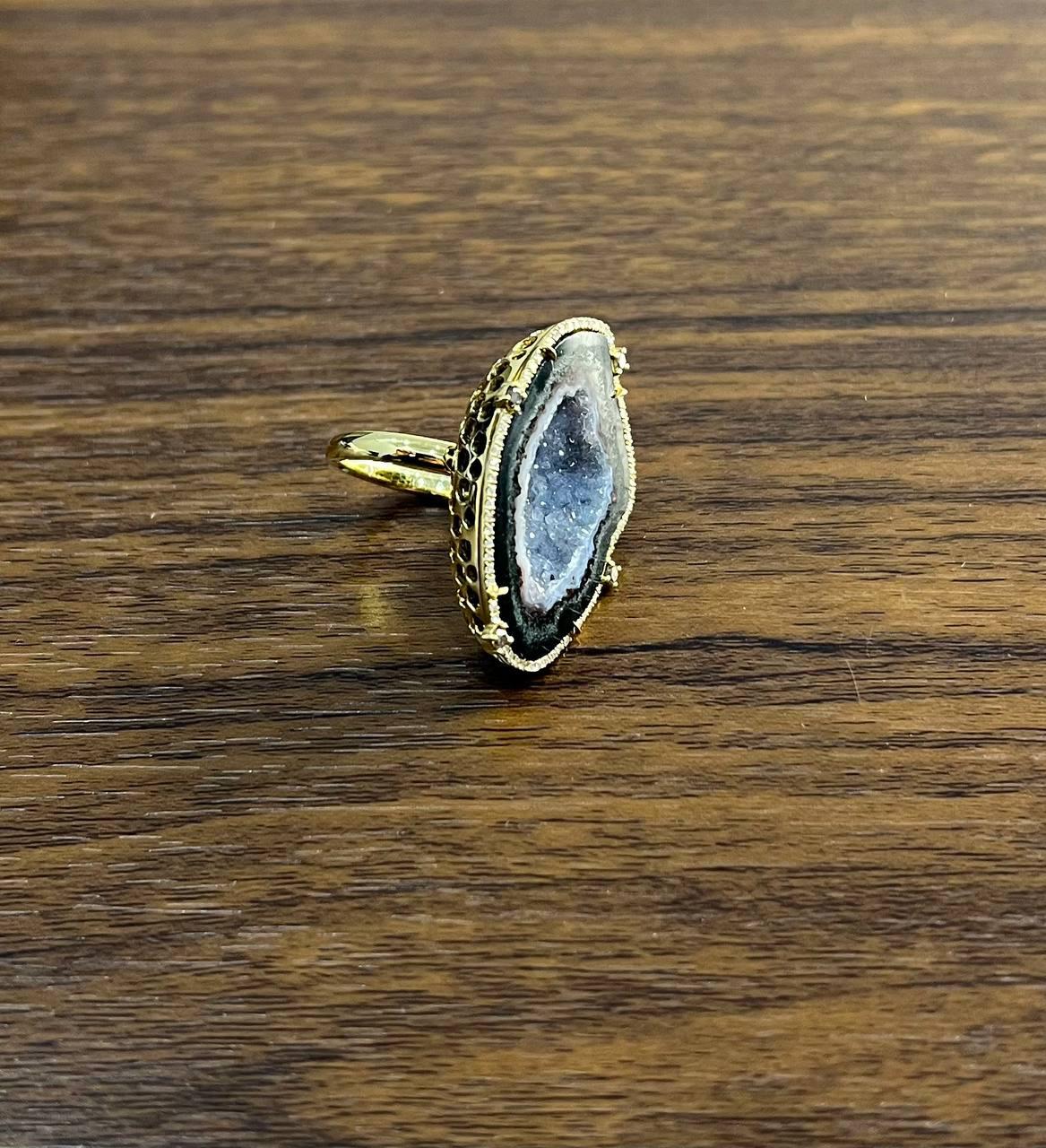 Free Shape Black Blue Crystal Quartz Druzi Diamonds Halo 18K Yellow Gold Ring