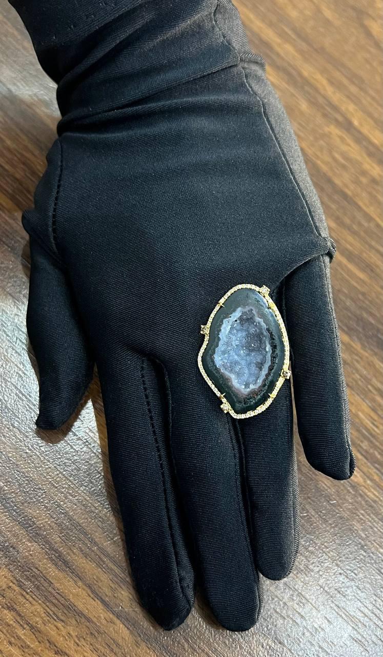 Free Shape Black Blue Crystal Quartz Druzi Diamonds Halo 18K Yellow Gold Ring